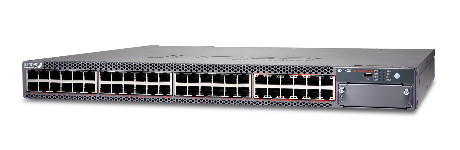 Juniper EX4400-48MXP - 48× 1/2.5/5/10GbE Multigigabit PoE++ Access Switch with 8× 100GbE QSFP28 Uplinks, Dual PSU, AFO/AFI Cooling Juniper EX4400-48MXP - 48× 1/2.5/5/10GbE Multigigabit PoE++ Access Switch with 8× 100GbE QSFP28 Uplinks, Dual PSU, AFO/AFI Cooling